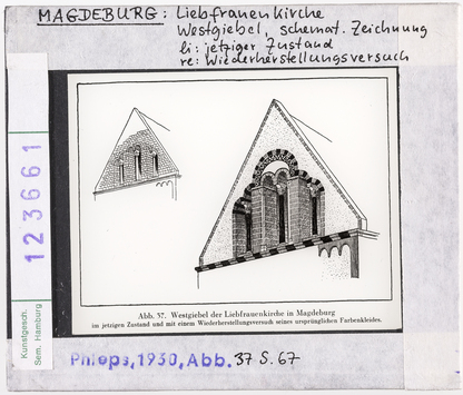 Vorschaubild Magdeburg: Liebfrauenkirche, Westgiebel, jetziger Zustand und Rekonstruktionsversuch 